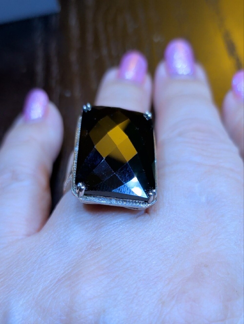 8 Diamonds Large Faceted Onyx Vintage Ring Size 8, Appraisal Document And A Box